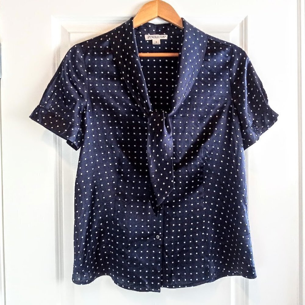 Pendleton Navy Blue Check Silk Cotton Tie Neck Short Sleeve Blouse